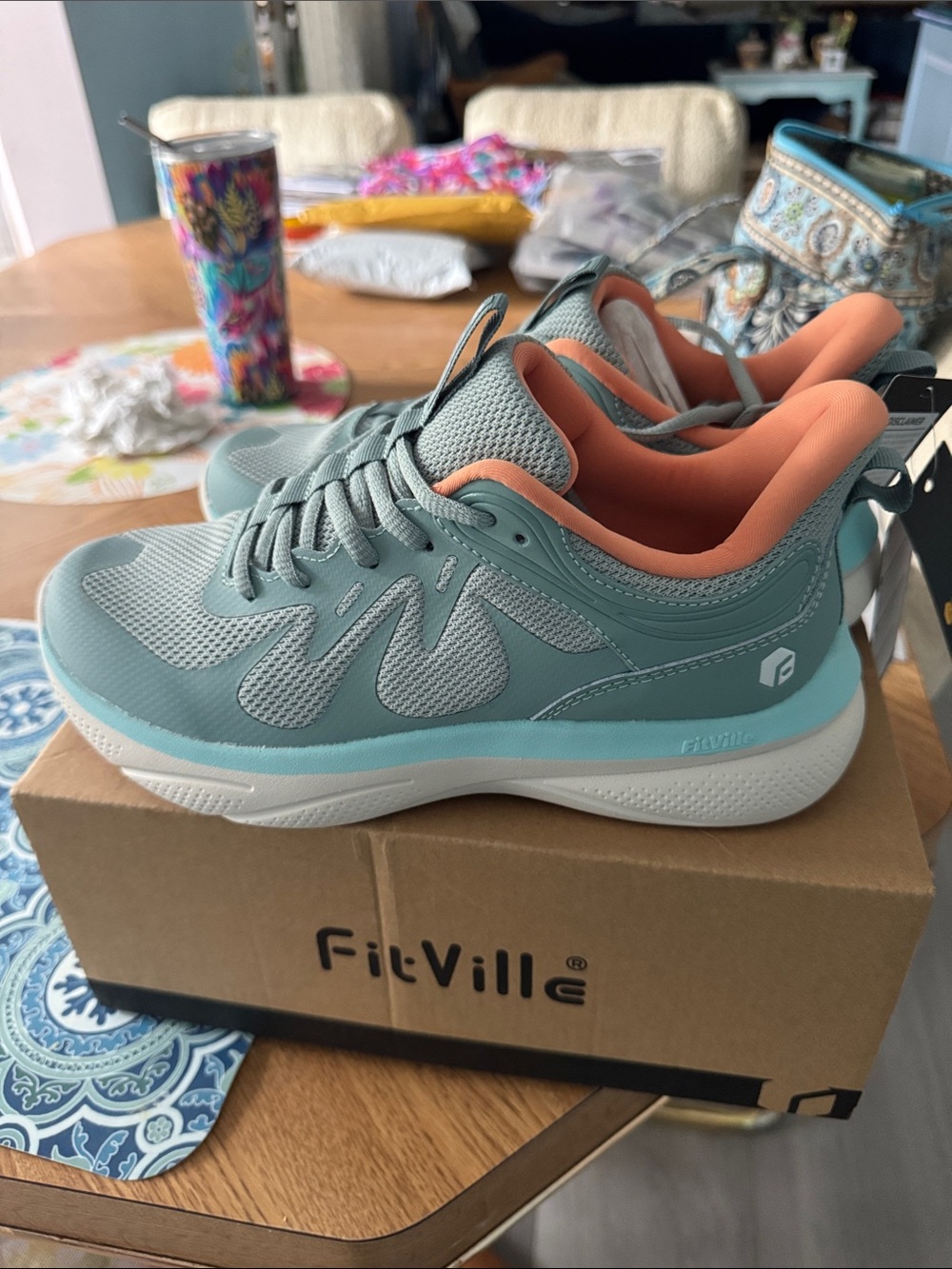 FitVille Women’s Athletic Sneakers in Teal with Coral Accent - Picture 4 of 6